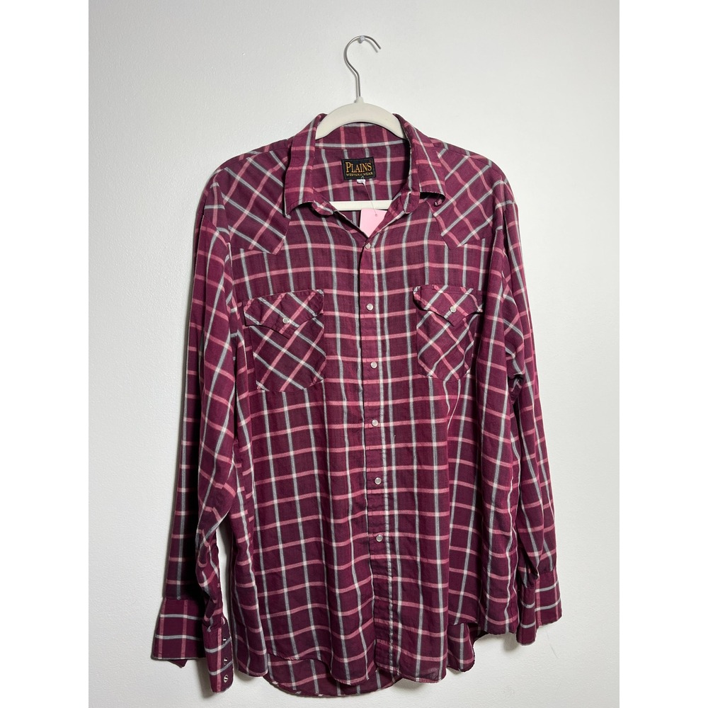 Plains Western Wear Mens Burgundy Plaid Pearl Snap Long Sleeve‎ Western Shirt
